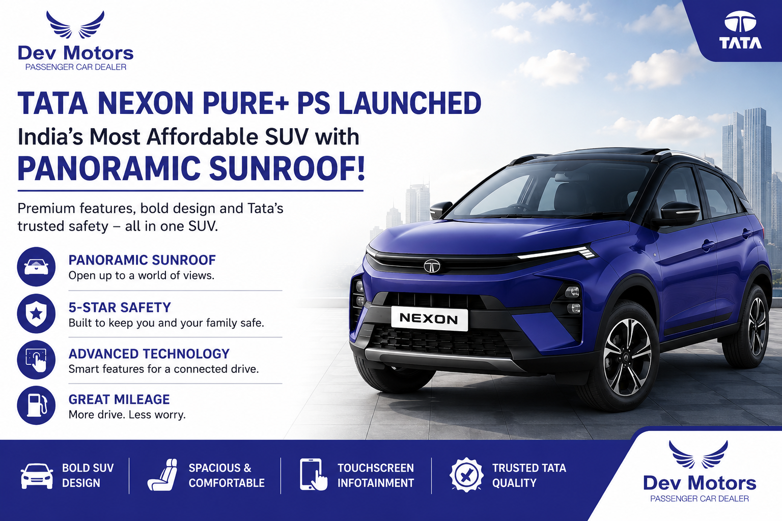Tata Nexon Pure+ PS Launched: India’s Most Affordable SUV with Panoramic Sunroof