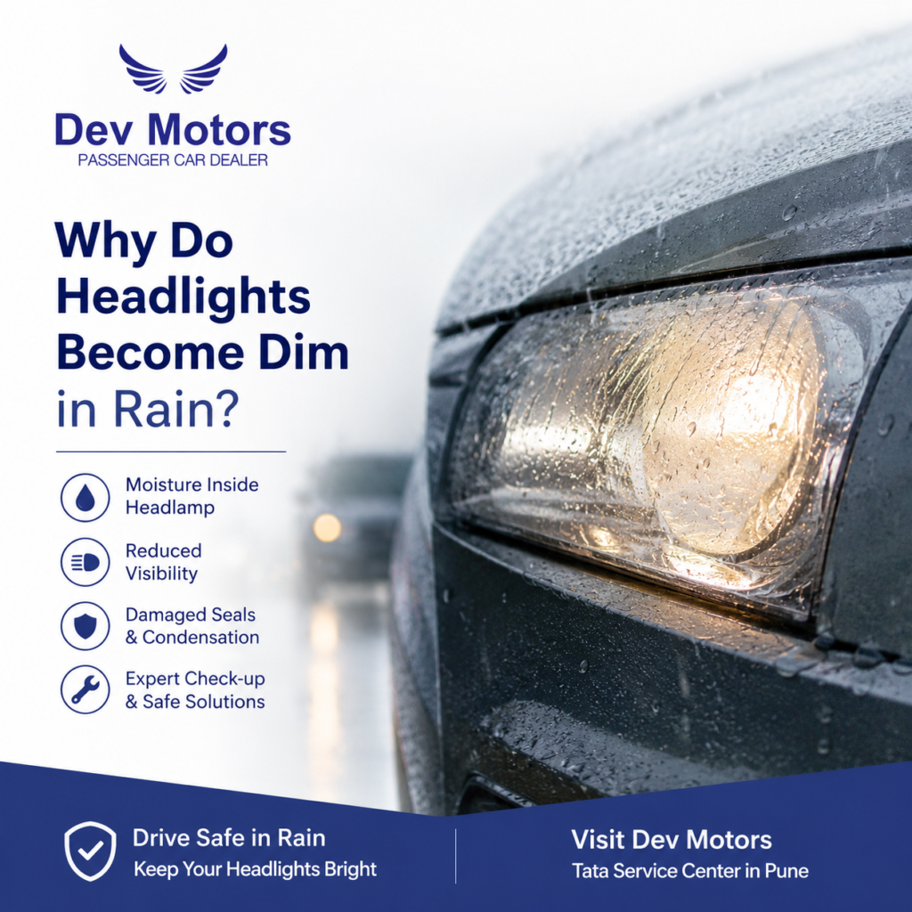 Dev Motors ad showing a rain-speckled car headlight and the title “Why Do Headlights Become Dim in Rain?” with maintenance bullet points on the left side.