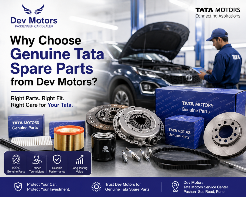Promotional banner for Tata Motors Genuine Parts with a mechanic at a car in a workshop and assorted spare parts on the bench.